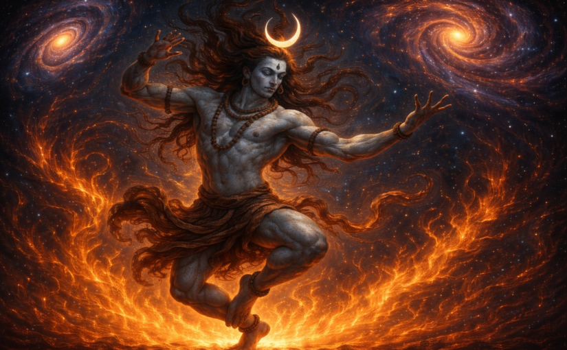 Shiva tanzt vor einem Flammenhintergrund