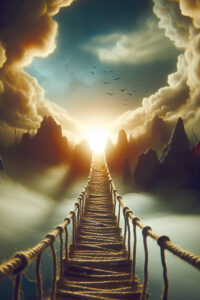 Hängebrücke führt durch Neben und Wolken ins Licht