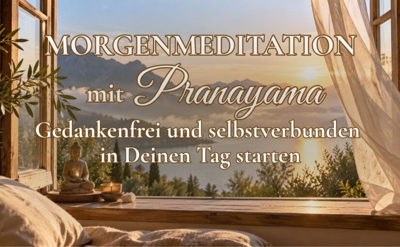 Ein offenes Fenster durch das man auf den Sonnenaufgang über einen See blickt auf der Fensterbank steht eine Buddhastatue und eine Kerze. KI generiert.